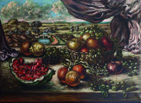 Giorgio de Chirico, Frutta con sfondo di paese, 1956