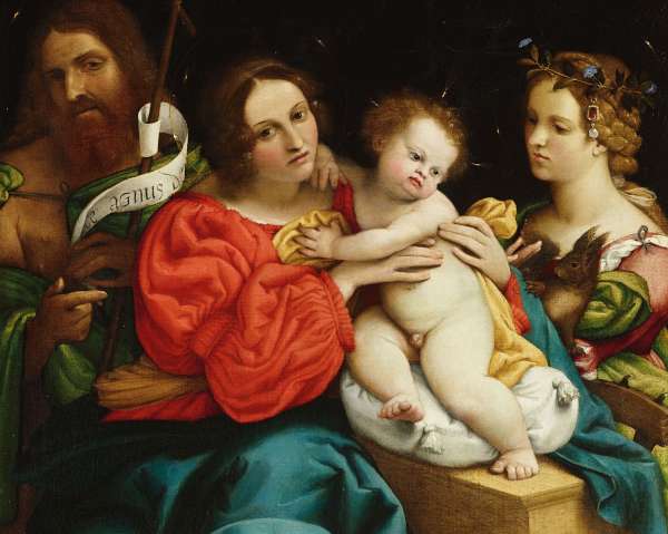 Lorenzo Lotto, Madonna con Bambino, San Giovanni Battista e Santa Caterina, olio su tela, 74 x 68 cm., Collezione privata